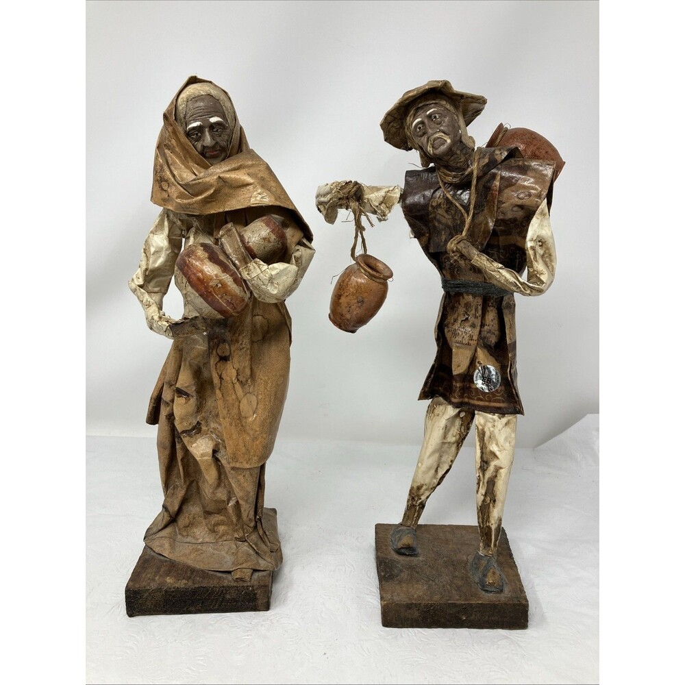 2 Mexican Paper Mache Figures Male & Female VTG 80s EB M.R. Xalisco Mexico